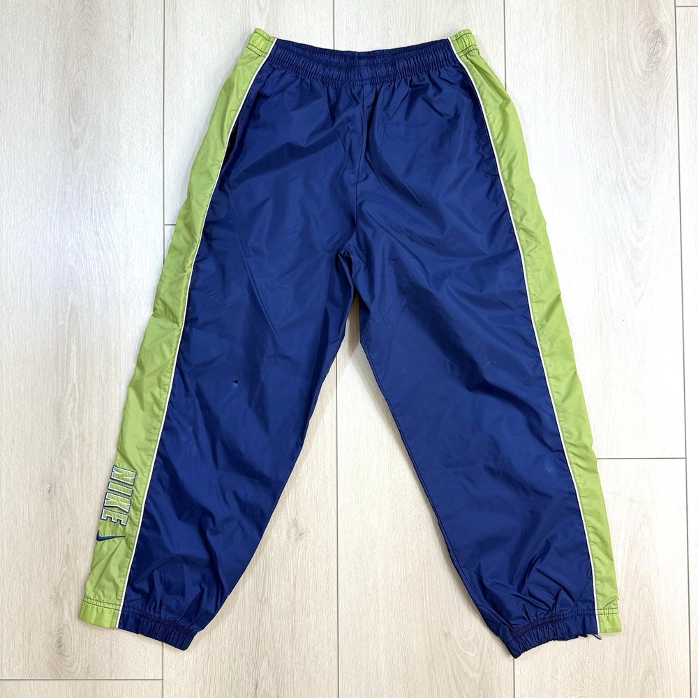 Vintage 1992 Nike Youth Track Pants Blue Green Zip Hem Logo Swoosh Nylon M 10-12